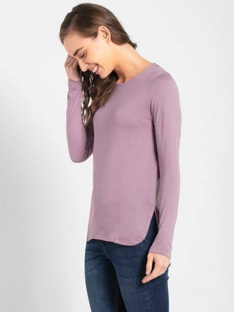 Women's Micro Modal Cotton Relaxed Fit Solid Round Neck Full Sleeve T-Shirt - Old Rose