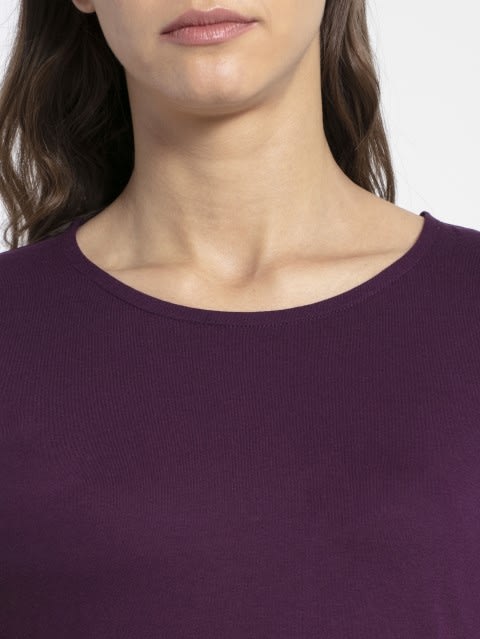Round Neck Full Sleeve T-Shirt for Women with Curved Hem - Purple Wine