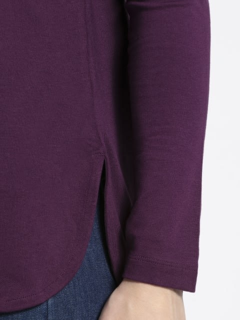 Round Neck Full Sleeve T-Shirt for Women with Curved Hem - Purple Wine