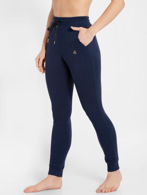 Women's Super Combed Cotton Elastane French Terry Slim Fit Joggers With Zipper Pockets - Ink Blue Melange