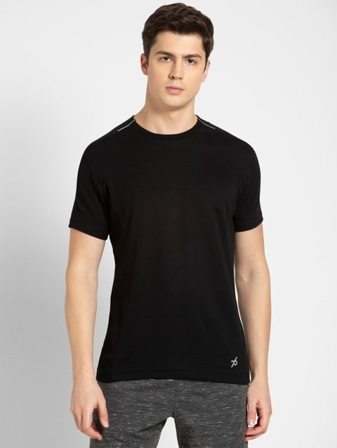 Men's Super Combed Cotton Blend Solid Round Neck Half Sleeve T-Shirt with Stay Fresh Treatment - Black