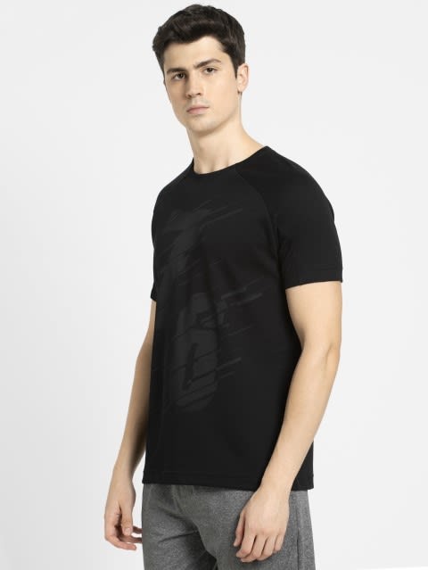Men's Super Combed Cotton Blend Graphic Printed Round Neck Half Sleeve T-Shirt with Stay Fresh Treatment - Black