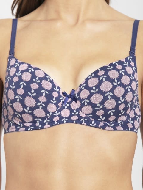 Women's Under-Wired Padded Super Combed Cotton Elastane Stretch Medium Coverage Multiway Styling Printed T-Shirt Bra with Detachable Straps - Deep Cobalt