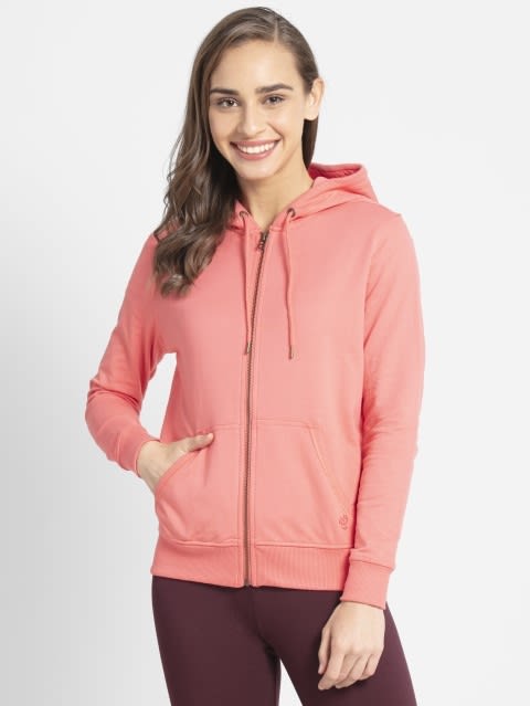 Women's Super Combed Cotton French Terry Fabric Hoodie Jacket with Side Pockets - Blush Pink