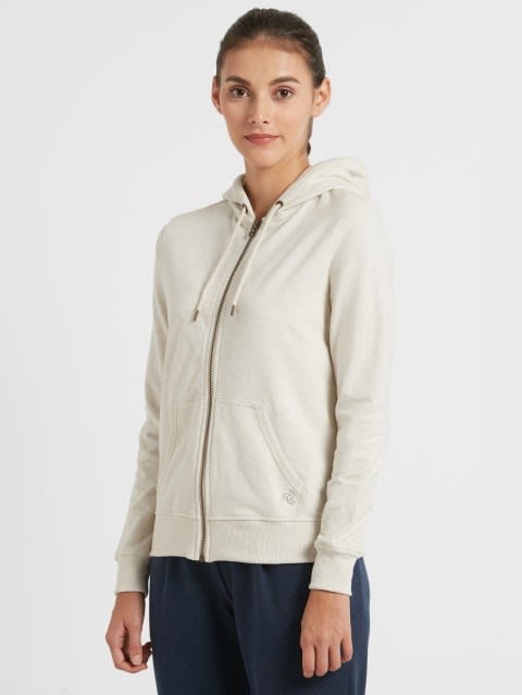 Women's Super Combed Cotton French Terry Fabric Hoodie Jacket with Side Pockets - Cream Melange