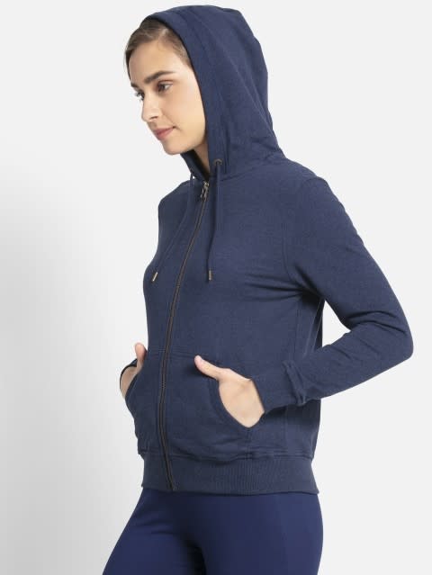 Women's Super Combed Cotton French Terry Fabric Hoodie Jacket with Side Pockets - Ink Blue Melange
