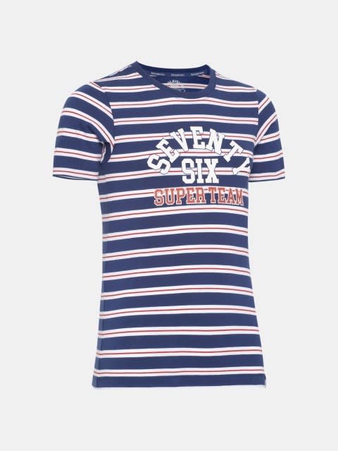 Boy's Super Combed Cotton Striped Half Sleeve T-Shirt - Blue Depth