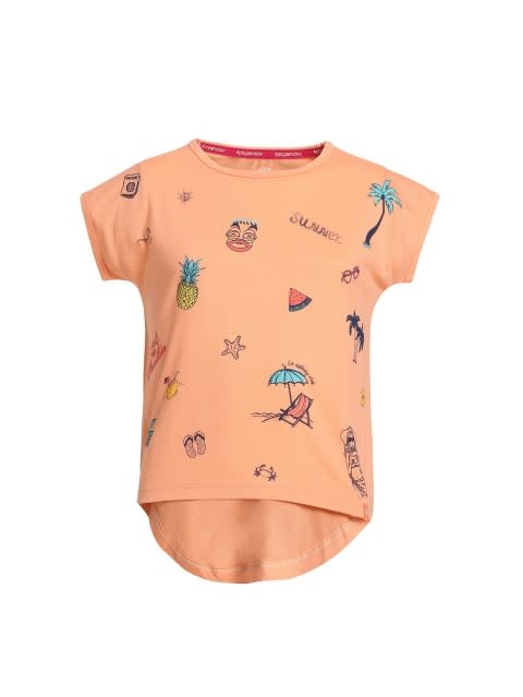 Girl's Micro Modal Cotton Printed Relaxed Fit Hi Low Hem Short Sleeve T-Shirt - Coral Reef