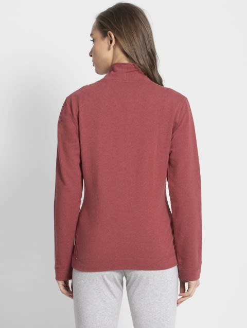 Women's Super Combed Cotton Elastane Stretch Full Zip High Neck Jacket With Convenient Front Pockets - Rust Red Melange