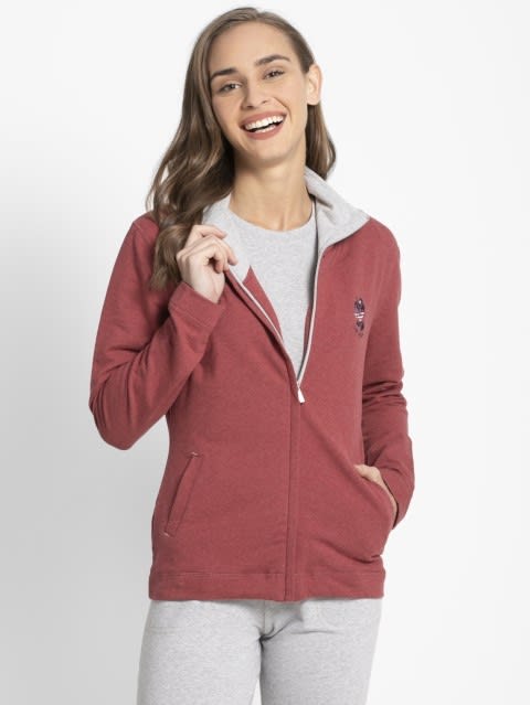 Women's Super Combed Cotton Elastane Stretch Full Zip High Neck Jacket With Convenient Front Pockets - Rust Red Melange