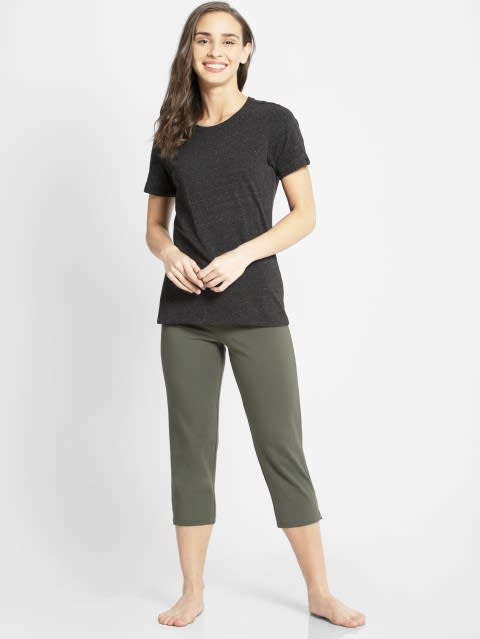 Women's Super Combed Cotton Elastane Stretch Slim Fit Capri with Side Pockets - Beetle