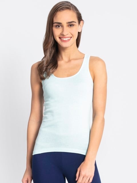Women's Super Combed Cotton Rib Fabric Slim Fit Solid Racerback Styled Tank Top - Blue Tint Melange