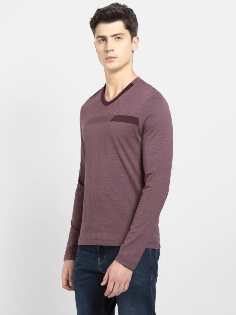 Men's Super Combed Cotton Rich Graphic Printed V Neck Full Sleeve T-Shirt - Mauve Wine & Twlig Mauve