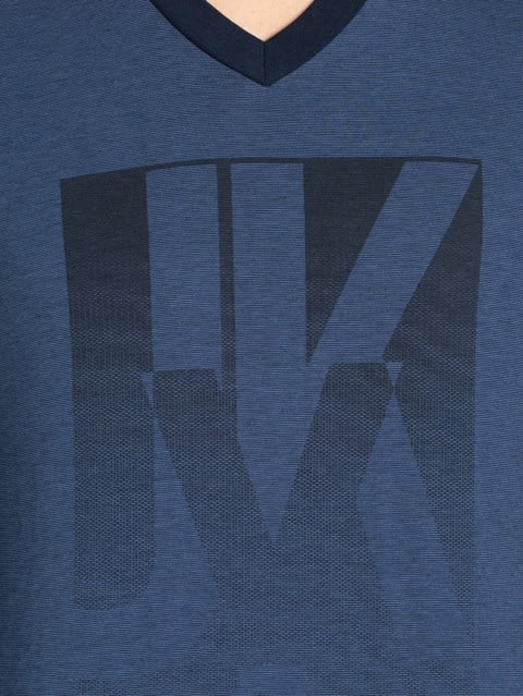 Men's Super Combed Cotton Rich Graphic Printed V Neck Full Sleeve T-Shirt - Jet Navy & Bijou Blue