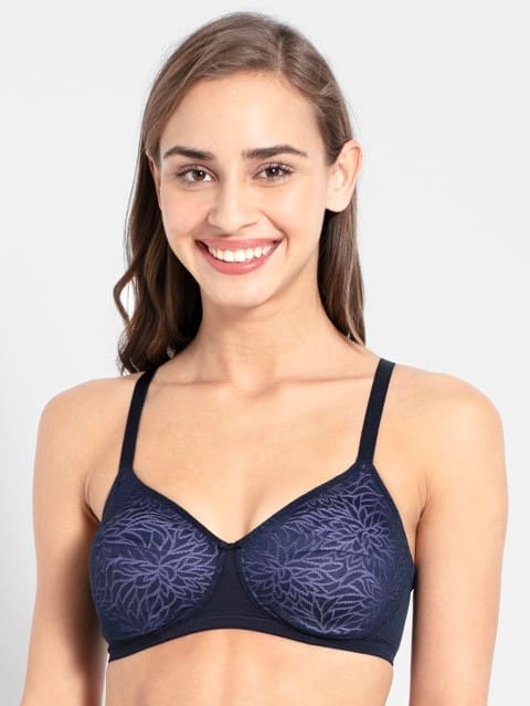 Women's Wirefree Non Padded Soft Touch Breathable Spacer Fabric Full Coverage Lace Styling Everyday Bra with Adjustable Straps - Navy Blazer