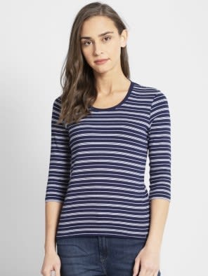 Imperial Blue & White Yarn Dyed Stripe 3/4 Sleeve T-Shirt