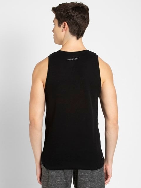 Men's Super Combed Cotton Blend Solid Low Neck Tank Top With Breathable Mesh and Stay Fresh Treatment - Black