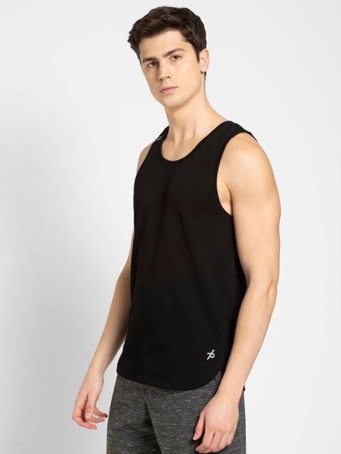 Men's Super Combed Cotton Blend Solid Low Neck Tank Top With Breathable Mesh and Stay Fresh Treatment - Black