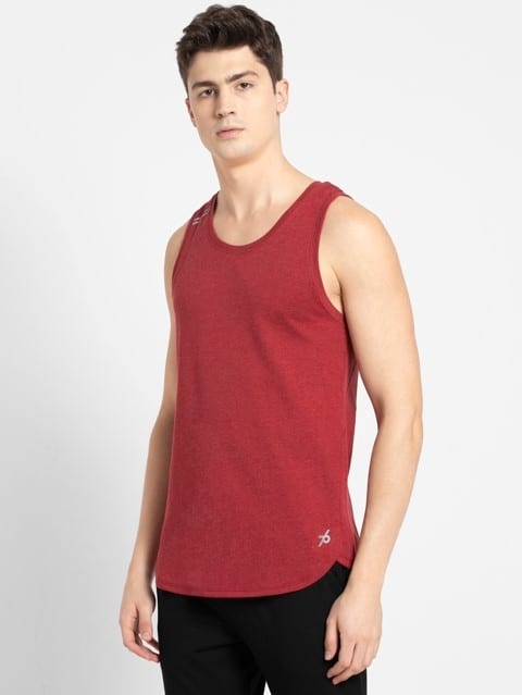 Men's Super Combed Cotton Blend Solid Low Neck Tank Top With Breathable Mesh and Stay Fresh Treatment - Bric Red Melange