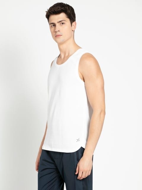 Men's Super Combed Cotton Blend Solid Low Neck Tank Top With Breathable Mesh and Stay Fresh Treatment - White