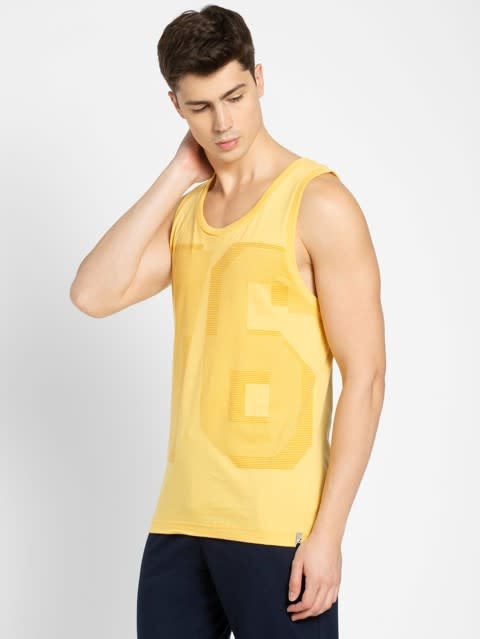 Men's Super Combed Cotton Rich Graphic Printed Low Neck Tank Top With Stay Fresh Treatment - Corn Silk