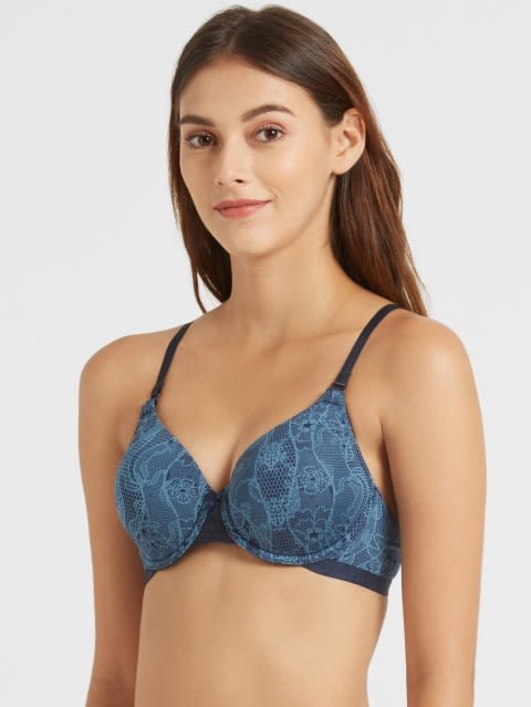 Full Coverage Wired Padded T-Shirt Bra with Lace Styling - Navy Blazer Printed