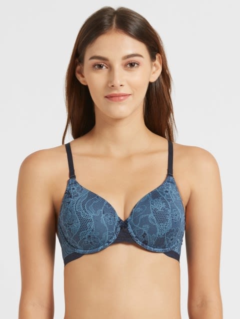Full Coverage Wired Padded T-Shirt Bra with Lace Styling - Navy Blazer Printed