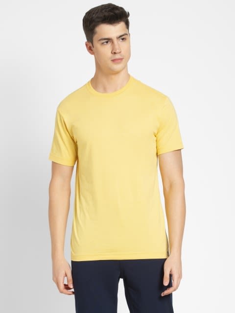 Men's Super Combed Cotton Rich Solid Round Neck Half Sleeve T-Shirt - Corn Silk