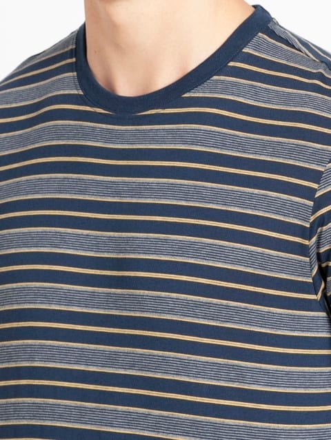 Men's Super Combed Cotton Rich Striped Round Neck Half Sleeve T-Shirt - Ink Blue & Midgrey