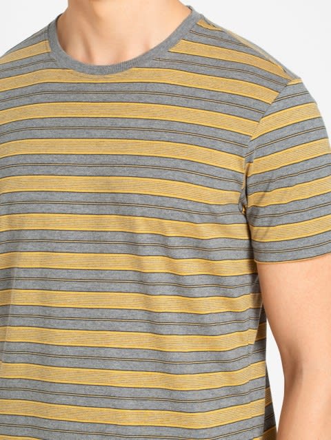 Striped Round Neck Half Sleeve T-Shirt for Men - Mid Grey & Burnt Gold