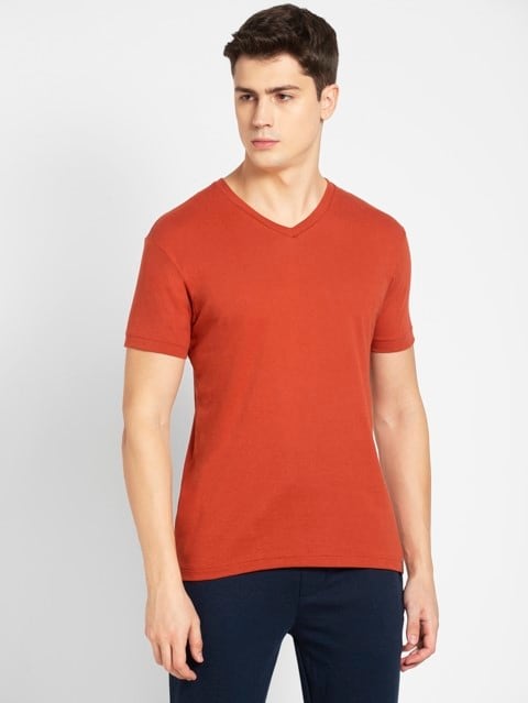 Regular Fit V Neck Half Sleeve T-Shirt for Men - Cinnabar