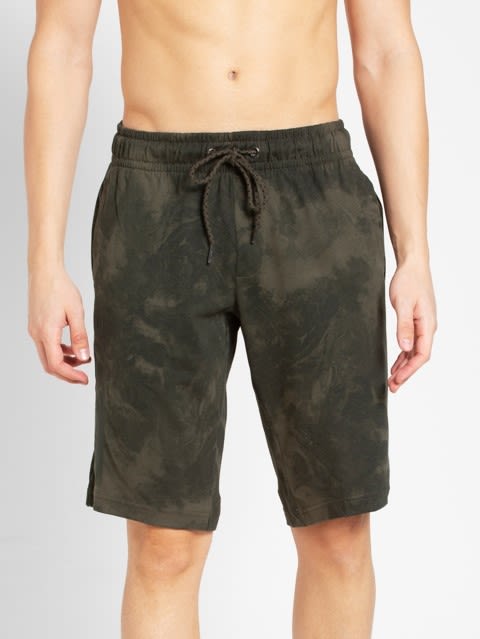 Men's Super Combed Cotton Elastane Stretch Straight Fit Printed Shorts with Side Pockets - Deep Olive Print