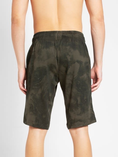 Men's Super Combed Cotton Elastane Stretch Straight Fit Printed Shorts with Side Pockets - Deep Olive Print