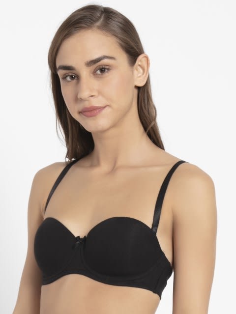 Women's Under-Wired Padded Super Combed Cotton Elastane Stretch Full Coverage Multiway Styling Strapless Bra with Ultra-Grip Support Band - Black