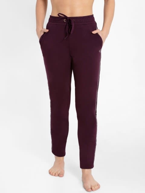 Women's Super Combed Cotton Elastane Stretch French Terry Straight Fit Trackpants with Side Pockets - Wine Tasting