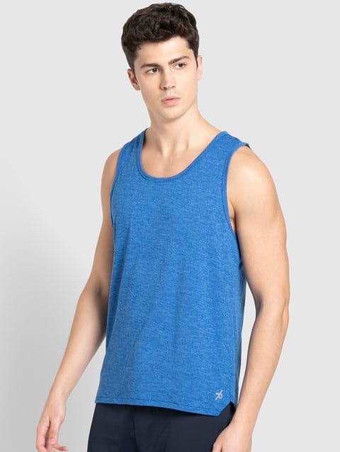 Men's Micro Touch Single Jersey Polyester Solid Low Neck Tank Top With Stay Fresh Treatment - Move Blue