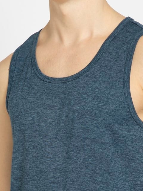 Men's Micro Touch Single Jersey Polyester Solid Low Neck Tank Top With Stay Fresh Treatment - Navy Melange