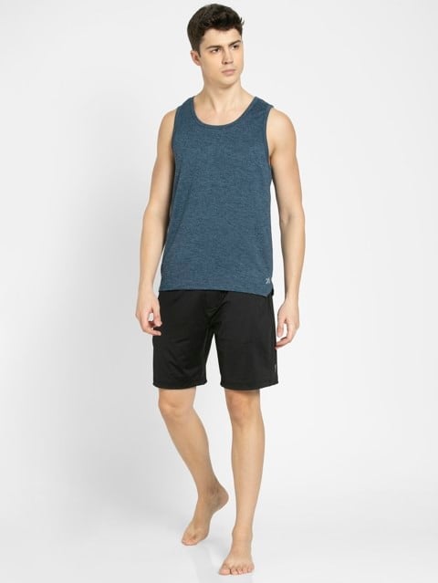 Men's Micro Touch Single Jersey Polyester Solid Low Neck Tank Top With Stay Fresh Treatment - Navy Melange