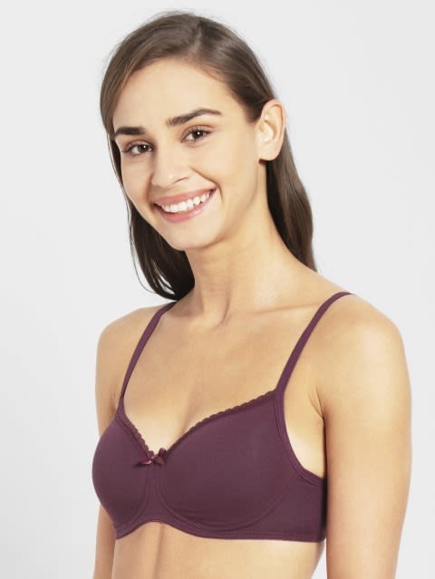 Women's Wirefree Padded Super Combed Cotton Elastane Stretch Medium Coverage Lace Styling T-Shirt Bra with Adjustable Straps - Prune