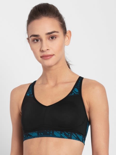 Medium Impact Active Bra with Adjustable Straps & Removable Pads - Black Assorted Prints