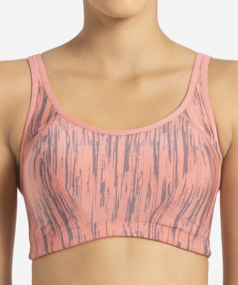 Women's Wirefree Padded Microfiber Elastane Stretch Printed Full Coverage Sports Bra with Optional Racer Back Styling and Stay Dry Treatment - Peach Blossom Assorted