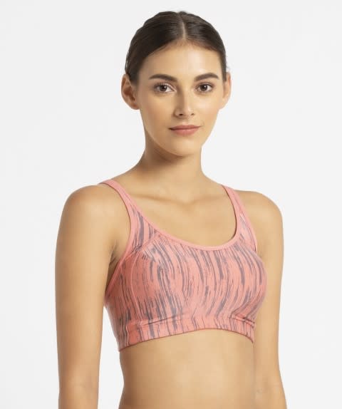 Women's Wirefree Padded Microfiber Elastane Stretch Printed Full Coverage Sports Bra with Optional Racer Back Styling and Stay Dry Treatment - Peach Blossom Assorted