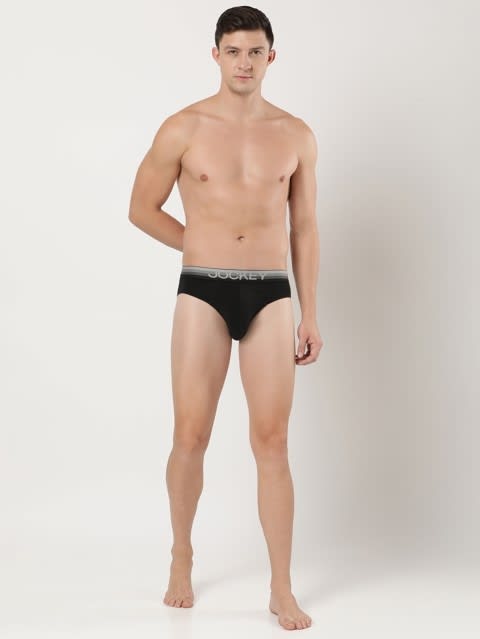 Men's Super Combed Cotton Elastane Stretch Solid Brief with Ultrasoft Waistband - Black