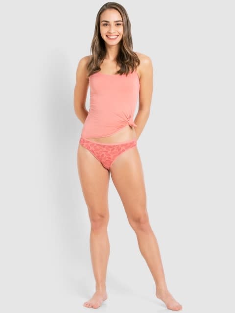 Women's Medium Coverage Micro Modal Elastane Stretch Mid Waist Bikini With Exposed Waistband - Peach Blossom Printed