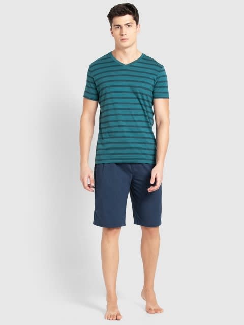 Men's Super Combed Cotton Rich Striped V Neck Half Sleeve T-Shirt - Pacific Green & Navy