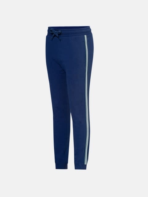 Boy's Super Combed Cotton Rich Solid Trackpants with Side Pockets and Contrast Side Taping - Blue Depth