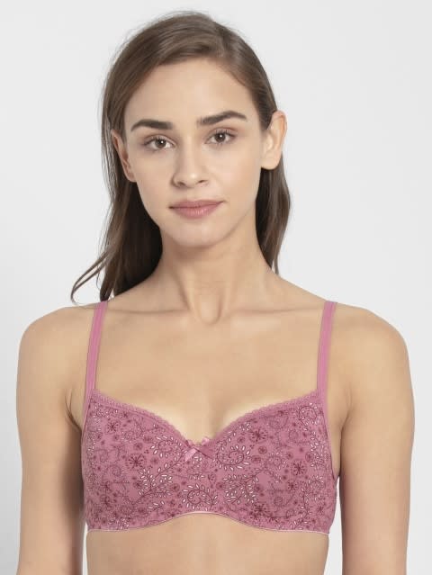 Women's Wirefree Padded Super Combed Cotton Elastane Stretch Medium Coverage Lace Styling Printed T-Shirt Bra with Adjustable Straps - Heather Rose