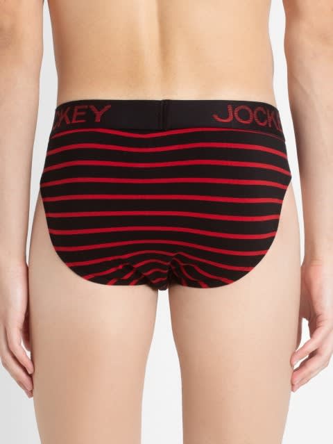 Men's Super Combed Cotton Elastane Stretch Stripe Brief with Ultrasoft Waistband - Black & Wordly Red Striped