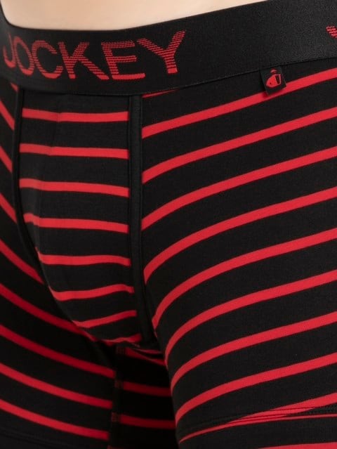 Men's Super Combed Cotton Elastane Stretch Stripe Trunk with Ultrasoft Waistband - Black & Wordly Red Striped