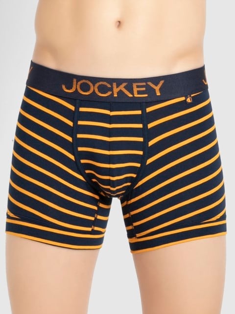Men's Super Combed Cotton Elastane Stretch Stripe Trunk with Ultrasoft Waistband - Navy Blue & Autumny Glory Striped